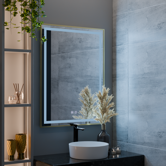 Dotykové zrkadlo LED Kalahiri, 60x80 cm, funkcia odhmlievania, rám z brúseného zlata, E10S/60X80