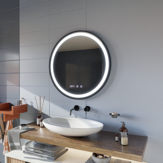Zrkadlo LED Touch NOVARA systém odhmlievania, hodín a teploty 50 cm brúsený čierny rám