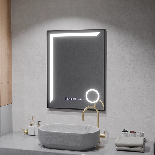 LED zrkadlo Francesca MotionGlow Snímač 60x80 cm Teplé/studené/Neutrálne svetlo Stmievateľný rám Čierny kartáčovaný systém odhmlievania Teplomer Hodiny Marcello Funghi Collection