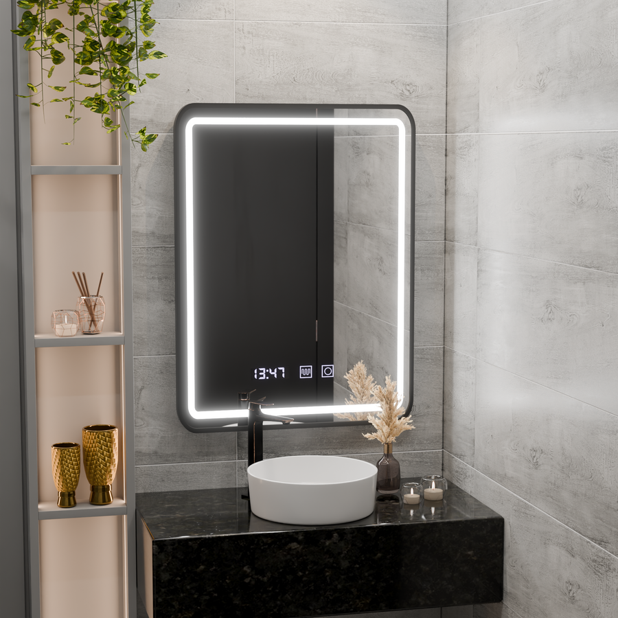 LED Touch Karl Mirror Defrition Systém, hodiny a teplota 50x70 cm Čierny kefový rámec