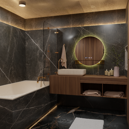 LED Touch Alfred Mirror Defrition Systém, hodiny a teplota 60x60 cm s integrovanou podporou