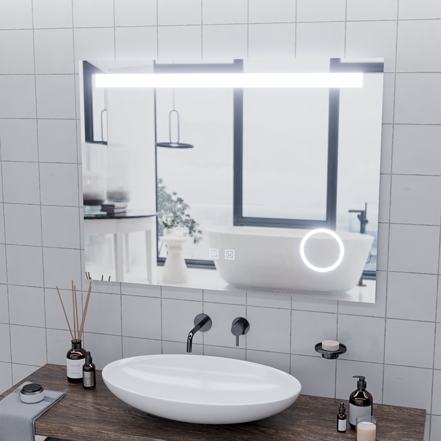 Obdĺžnikové LED zrkadlo, 80x60cm, Piano Touch, Demist System, Stmievateľné, Studené svetlo 6000K