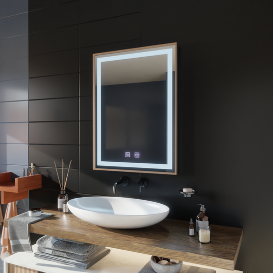 Kariri LED dotykové zrkadlo, 60x80 cm, funkcia Demister, zrkadlá s brúseným rámom so zlatou ružou Korman E Predvolený názov Alessandro Design