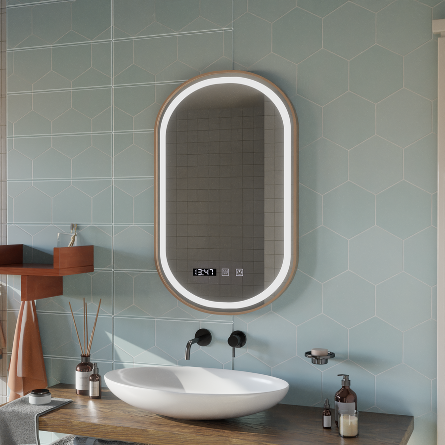 LED Touch Konrad Mirror Defrition Systém, hodiny a teplota 50x80 cm Gold Brushd Rám