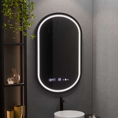 Oválne LED zrkadlo 50x80cm Alessia Motionglow Marcello Smoteble Clock Defosting System