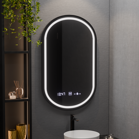 Oválne LED zrkadlo 50x80cm Alessia Motionglow Marcello Smoteble Clock Defosting System