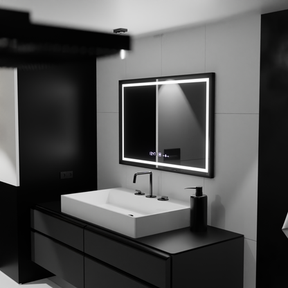 Zrkadlo LED obdĺžnik 100x80cm Verite Majets Noir Motionglow Marcello Demontantle Clock Deframent a Smoble Tepometer