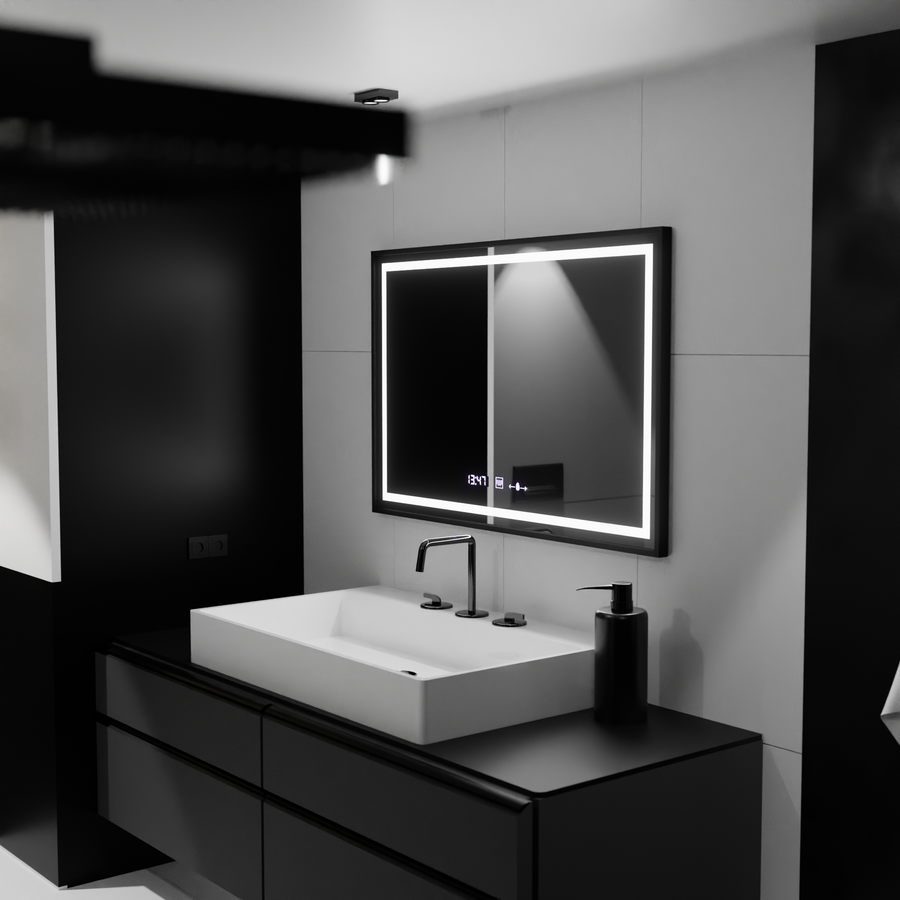 Zrkadlo LED obdĺžnik 100x80cm Verite Majets Noir Motionglow Marcello Demontantle Clock Deframent a Smoble Tepometer