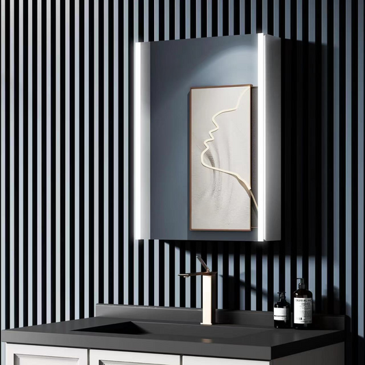 LED zrkadlo so skrinkou LAVIN 51x71 cm biela - vertikálny pás a kompaktný dizajn