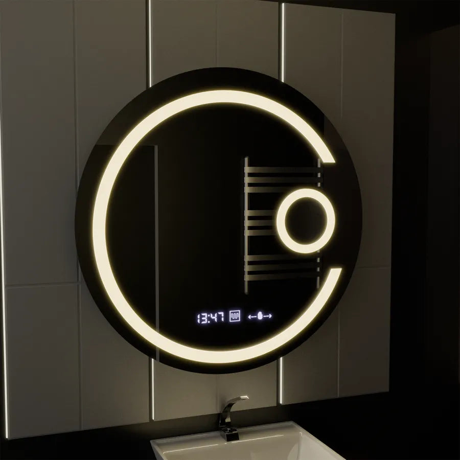 Zrkadlo LED Round 70 cm Visio Motionglow Marcello Demonant Clock System a kozmetický teplomer