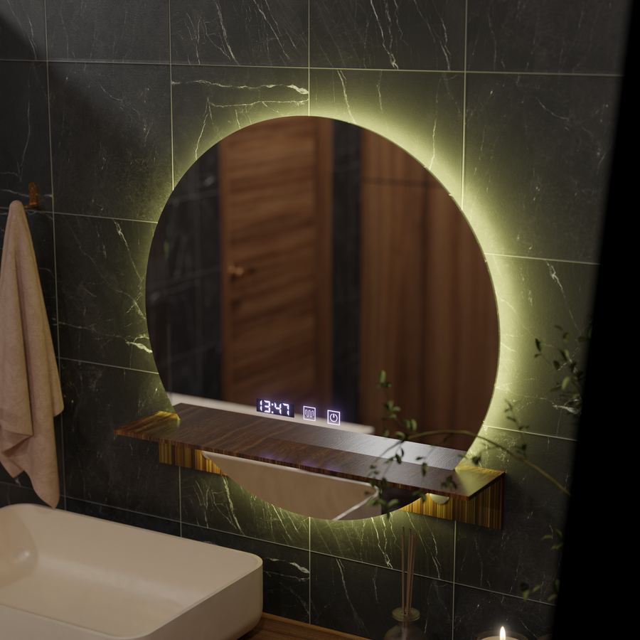 LED Touch Alfred Mirror Defrition Systém, hodiny a teplota 60x60 cm s integrovanou podporou