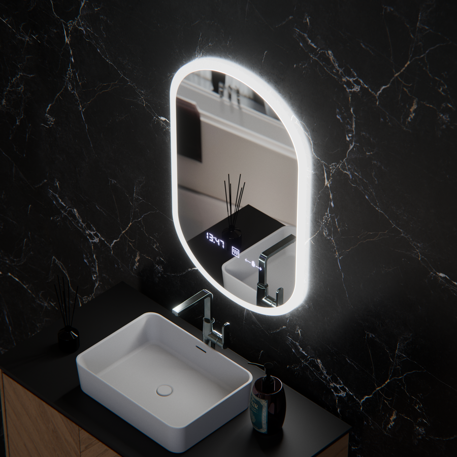 Oválne LED zrkadlo, 50x80cm, Lucia Sensor Marcello, Demister System, Hodiny & Teplomer, Stmievateľné