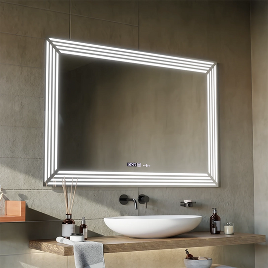 Obdĺžnikové LED zrkadlo, 110x65cm, senzor Venezia MotionGlow Marcello, systém odhmlievania, hodiny a teplomer, Dimabila