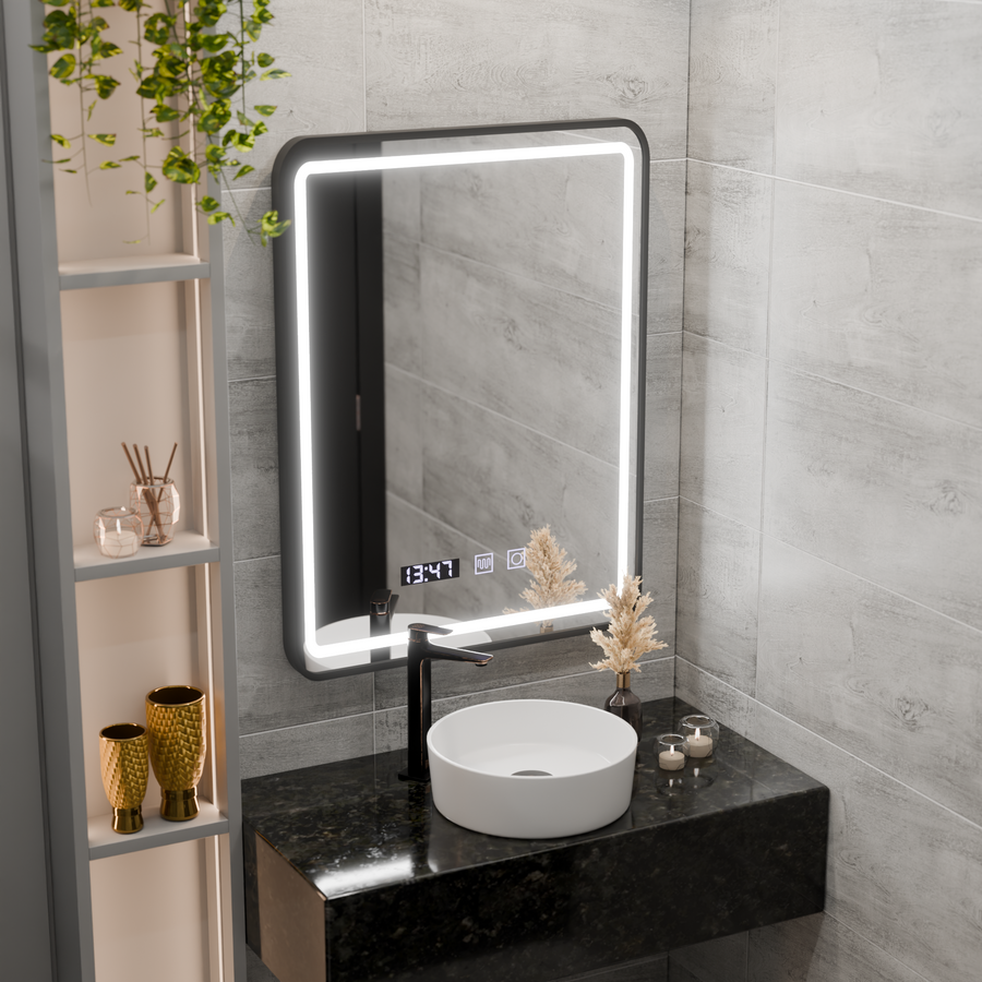 LED Touch Karl Mirror Defrition Systém, hodiny a teplota 50x70 cm Čierny kefový rámec