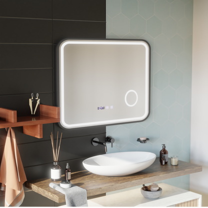 Zrkadlo LED Touch Bernd Defrosting Systém, hodiny a teplota 80x60 cm Black Brush Fund Cosmetica
