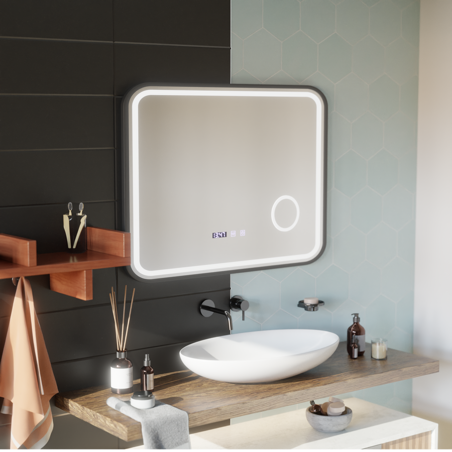 Zrkadlo LED Touch Bernd Defrosting Systém, hodiny a teplota 80x60 cm Black Brush Fund Cosmetica