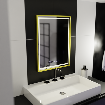 Obdĺžnikové LED zrkadlo 50x70cm Verite Royale Gold Motion Glow Marcello Smoteble Clock Defosting System