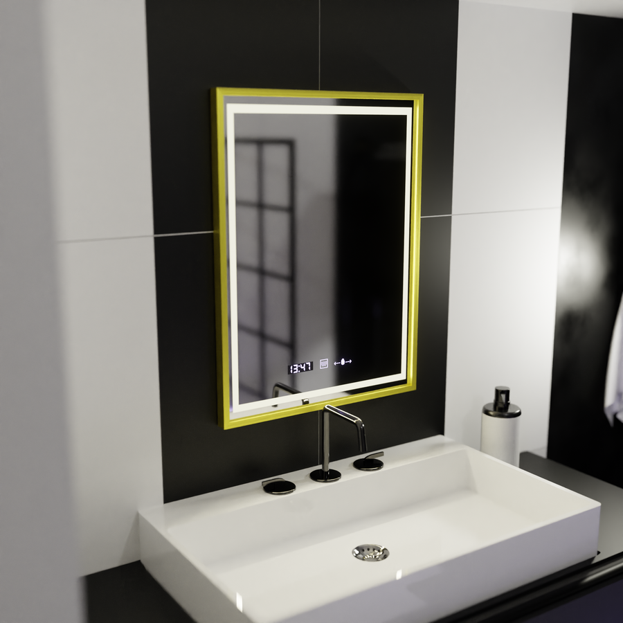 Obdĺžnikové LED zrkadlo 50x70cm Verite Royale Gold Motion Glow Marcello Smoteble Clock Defosting System
