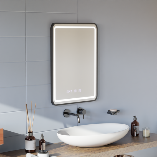 LED Touch Gerhard Mirror Defrition System, Clock and TEPELE 60x80 cm Čierny kefový rámec