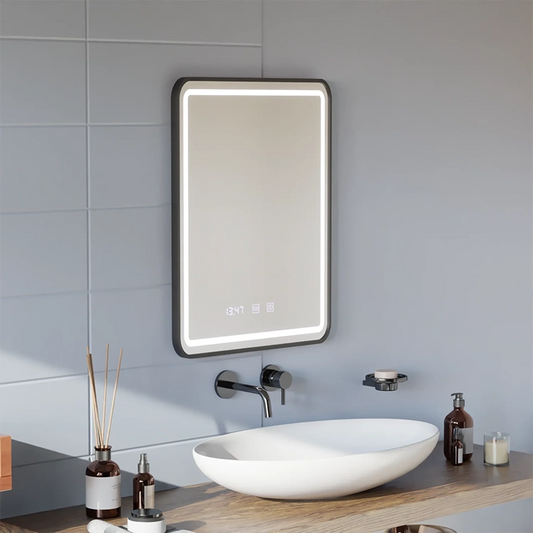 Zrkadlo LED Touch Systém odhmlievania LUCIDA, hodiny a teplota 60x80 cm brúsený čierny rám