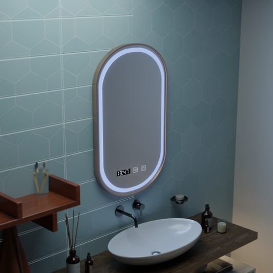LED Touch Konrad Mirror Defrition Systém, hodiny a teplota 50x80 cm Gold Brushd Rám