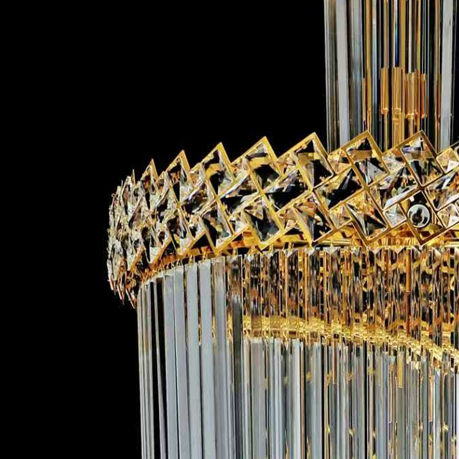 Krištáľový luster CC800/700X2100GD, 33xE14, Priemer 70cm, Výška 210cm, Lesklý zlatý, Nastaviteľná výška, Elegantný dizajn