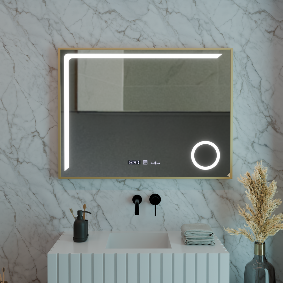 LED zrkadlové snímač Motionglow Francesca 80x60 cm studené svetlo/studené/neutrálne stlmiteľné systémy Zvyšovanie hodín Marcello Funghhi Zbierka