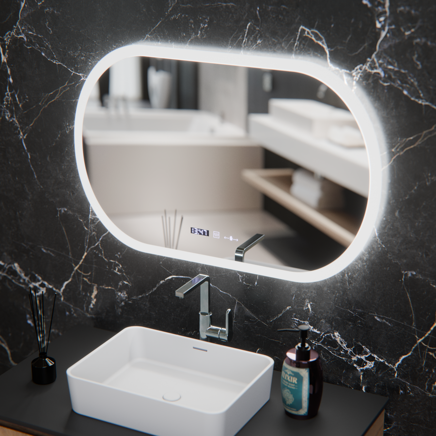 Oválne LED zrkadlo, 80x50cm, Altera Marcello MotionGlow Sensor, Demister System, Hodiny & Teplomer, Stmievateľné