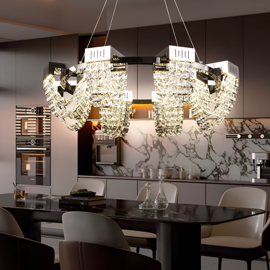 LED krištáľový luster 40W, CC370/800CH, priemer 80cm, lesklý chróm, nastaviteľná výška, teplé neutrálne studené svetlo 3000K/4000K/6000K, kov a krištáľ