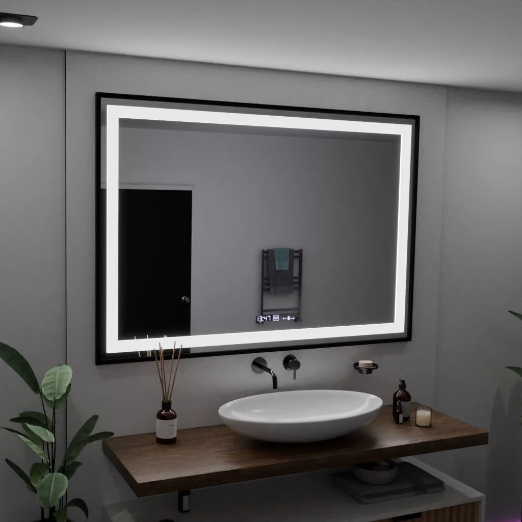 Zrkadlo LED obdĺžnik 100x65cm Verite Majeste noir Motion Glow Marcello Clock DeFRost & Smutable Therometer