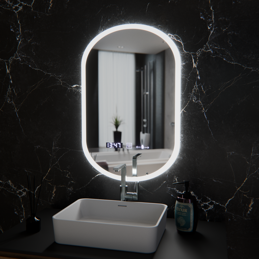 Oválne LED zrkadlo, 50x80cm, Lucia Sensor Marcello, Demister System, Hodiny & Teplomer, Stmievateľné