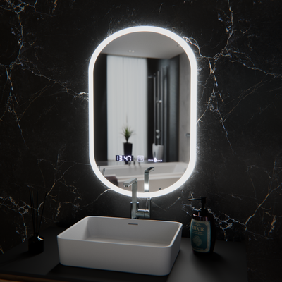 Oválne LED zrkadlo, 50x80cm, Lucia Sensor Marcello, Demister System, Hodiny & Teplomer, Stmievateľné