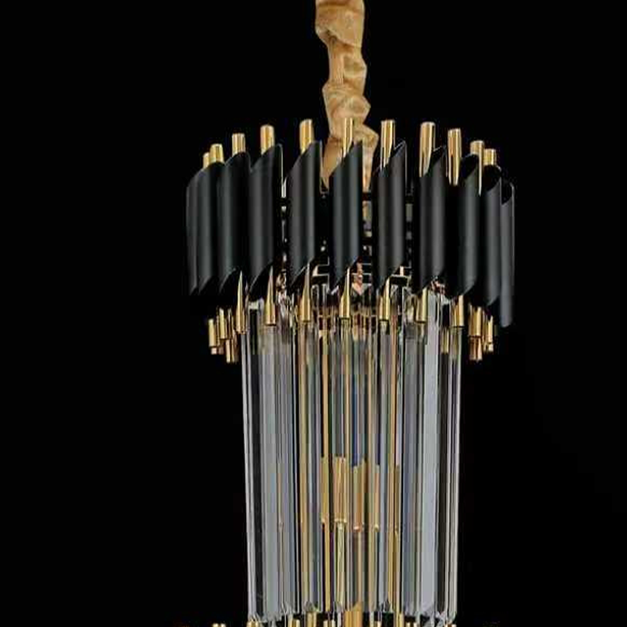 Krištáľový luster CC900/600X1800, 27xE14, Priemer 60cm, Výška 180cm, Lesklá zlatá a čierna, Nastaviteľná výška, Elegantný dizajn