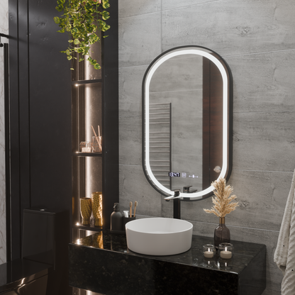 LED zrkadlo Helmut Systém odhmlievania, hodiny a teplota 50x90 cm Čierny rám brúsený Marcello Funghi