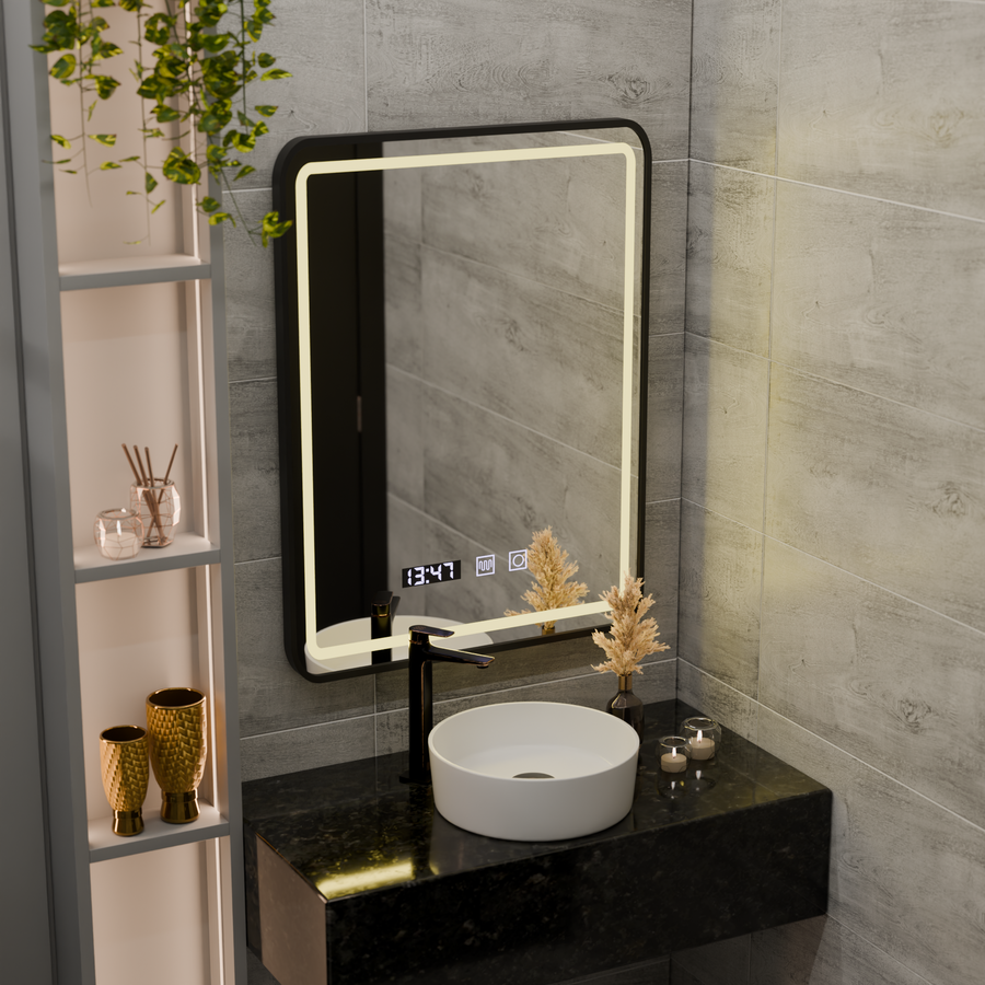 LED Touch Karl Mirror Defrition Systém, hodiny a teplota 50x70 cm Čierny kefový rámec