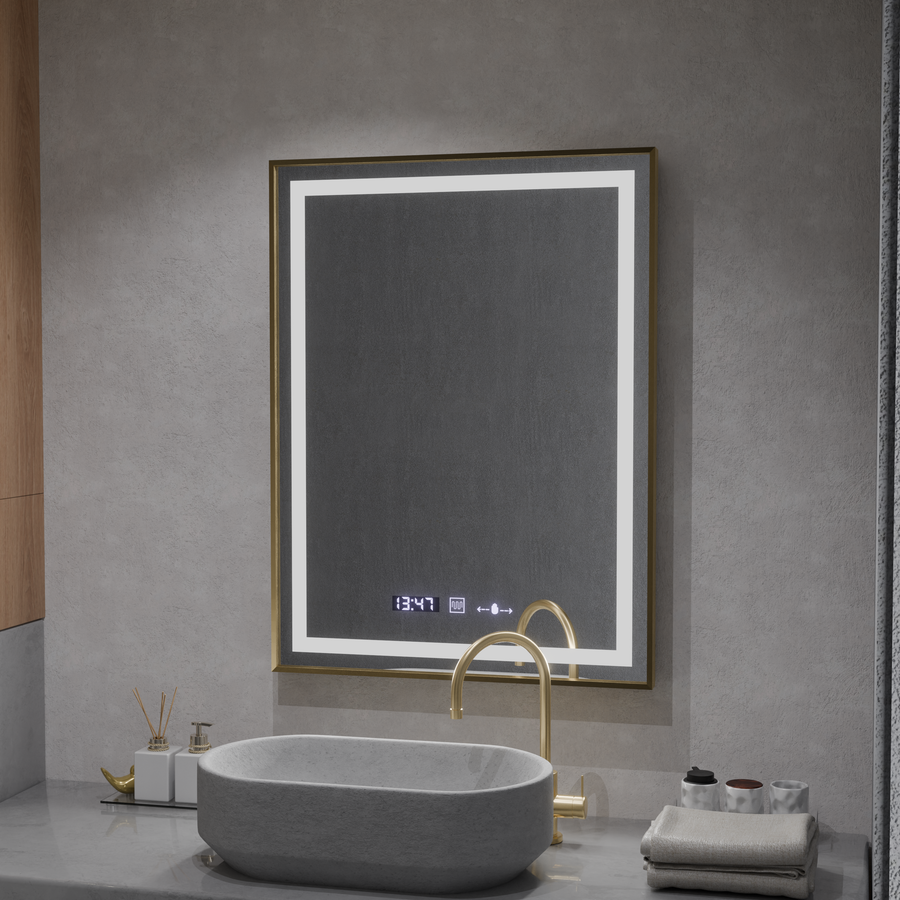 Zrkadlo LED obdĺžnikový 60x80cm Verite Royale Gold Motionglow Marcello Smoteble Clock Defosting System