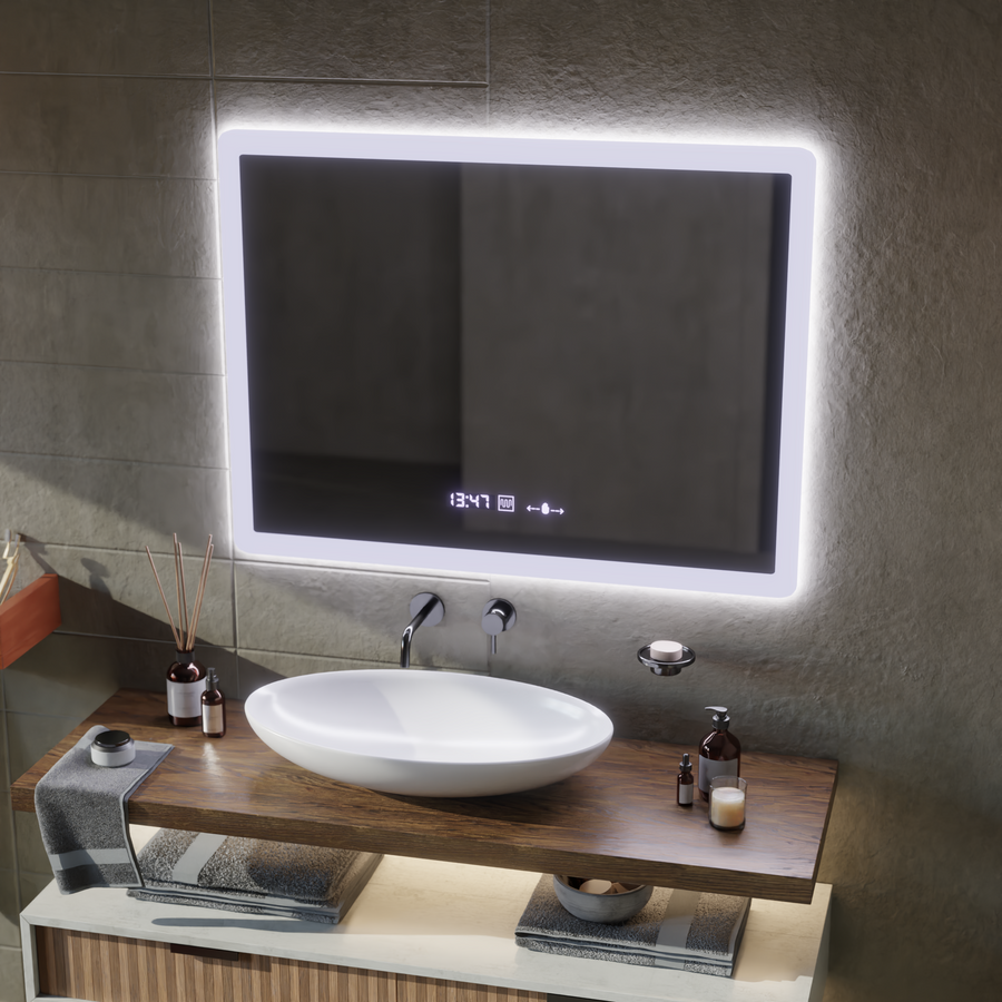 Obdĺžnikové LED zrkadlo 50x70cm Zampa Sensor Motionglow Marcello Clock Defrition System a Smoteble Therometer