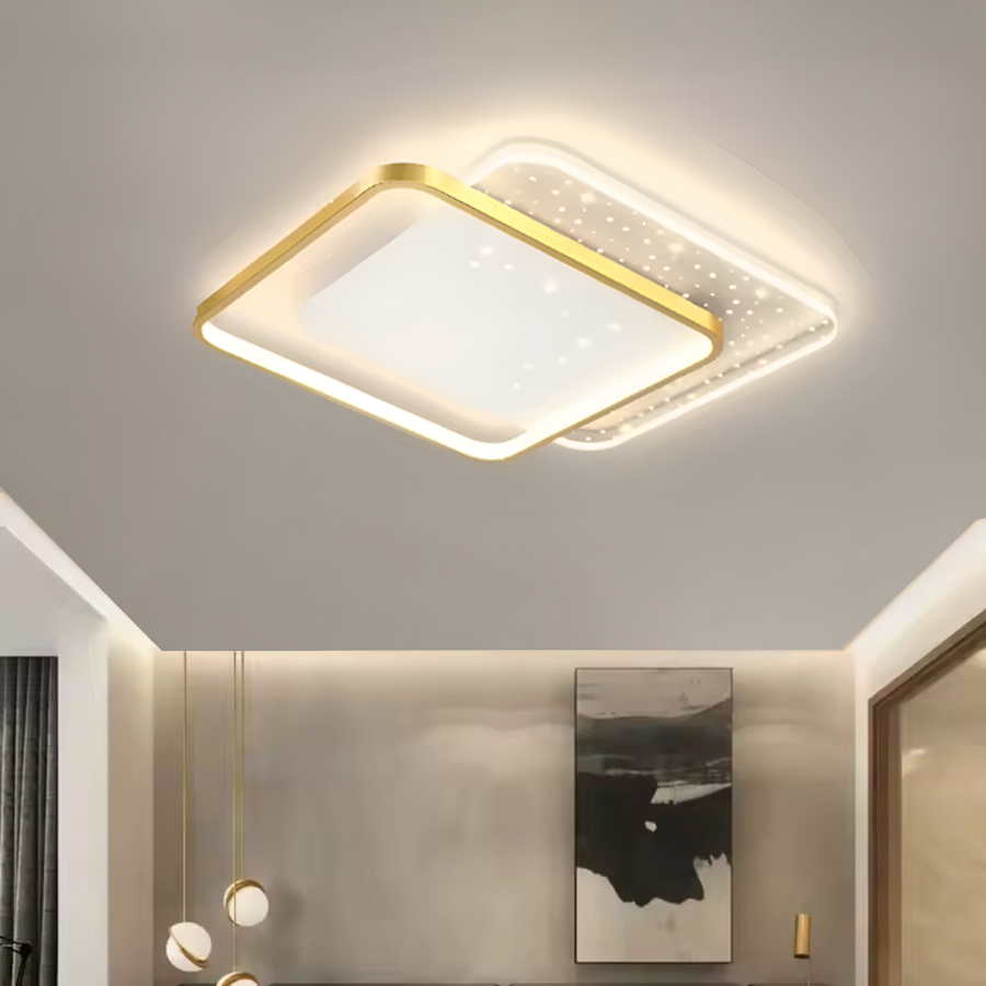LED luster s diaľkovým ovládaním GILDRA, 110 W, 2 štvorce, studené/horúce/neutrálne svetlo, nemilosrdné, zlaté