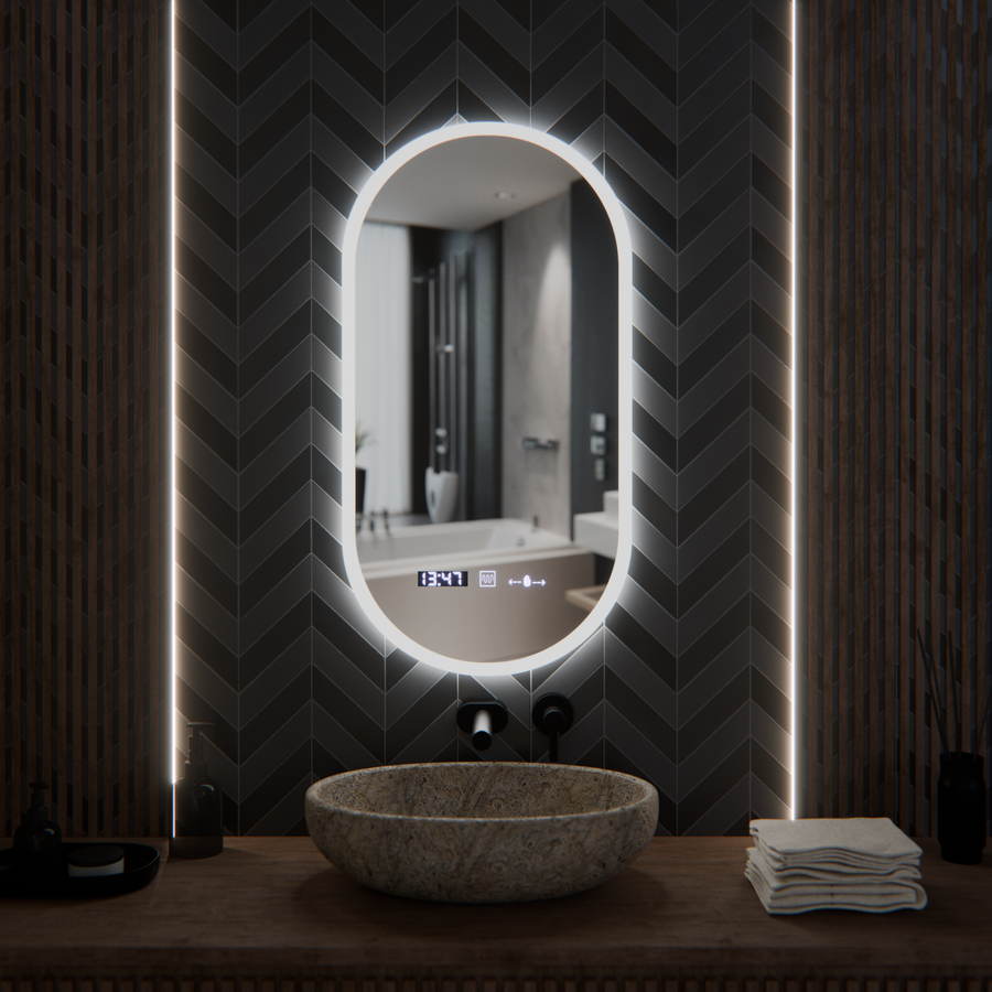 Oválne LED zrkadlo, 50x100cm, Lucia senzor Marcello, Demister System, Hodiny & Teplomer, Stmievateľné