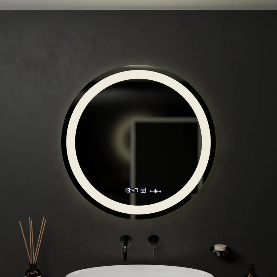 60 cm okrúhle LED zrkadlo Celeste Motionglow Marcello Smoteble Clock Defrition System