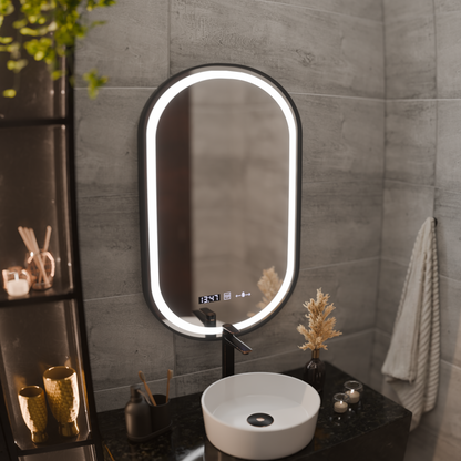 Zrkadlo LED Touch Helmut Defrition Systém, hodiny a teplota 50x80 cm Čierny kefový rámec