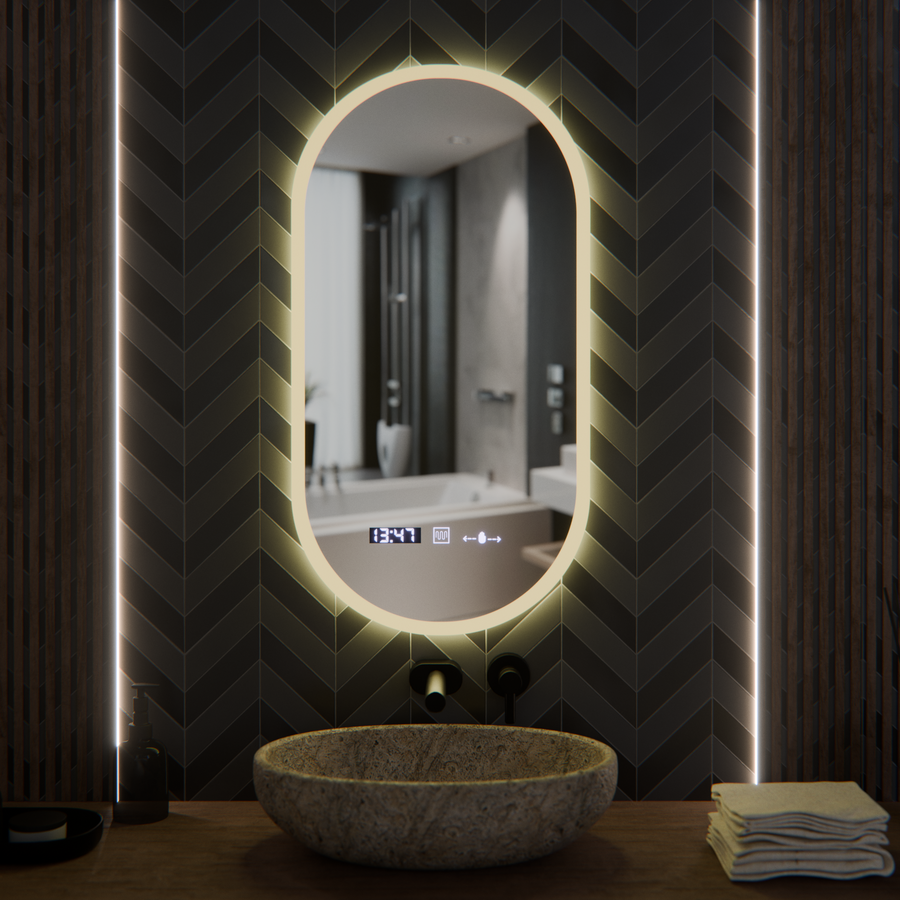 Oválne LED zrkadlo, 50x100cm, Lucia senzor Marcello, Demister System, Hodiny & Teplomer, Stmievateľné