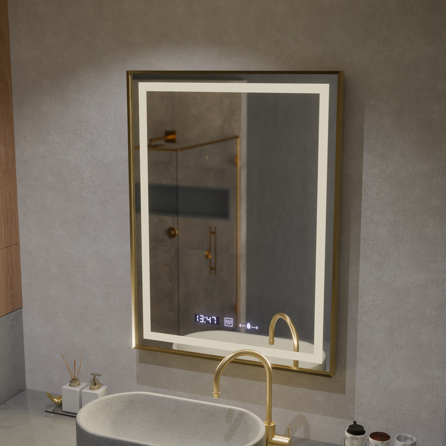 Zrkadlo LED obdĺžnikový 60x80cm Verite Royale Gold Motionglow Marcello Smoteble Clock Defosting System