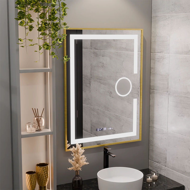Obdĺžnikové LED zrkadlo, 60x80cm, Eclat MotionGlow Marcello, Demister System, Hodiny & Teplomer, Kozmetická lupa, Stmievateľné, Rám z brúseného zlata