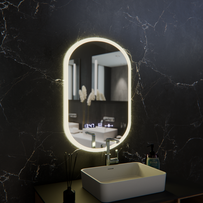 Oválne LED zrkadlo, 50x80cm, Lucia Sensor Marcello, Demister System, Hodiny & Teplomer, Stmievateľné