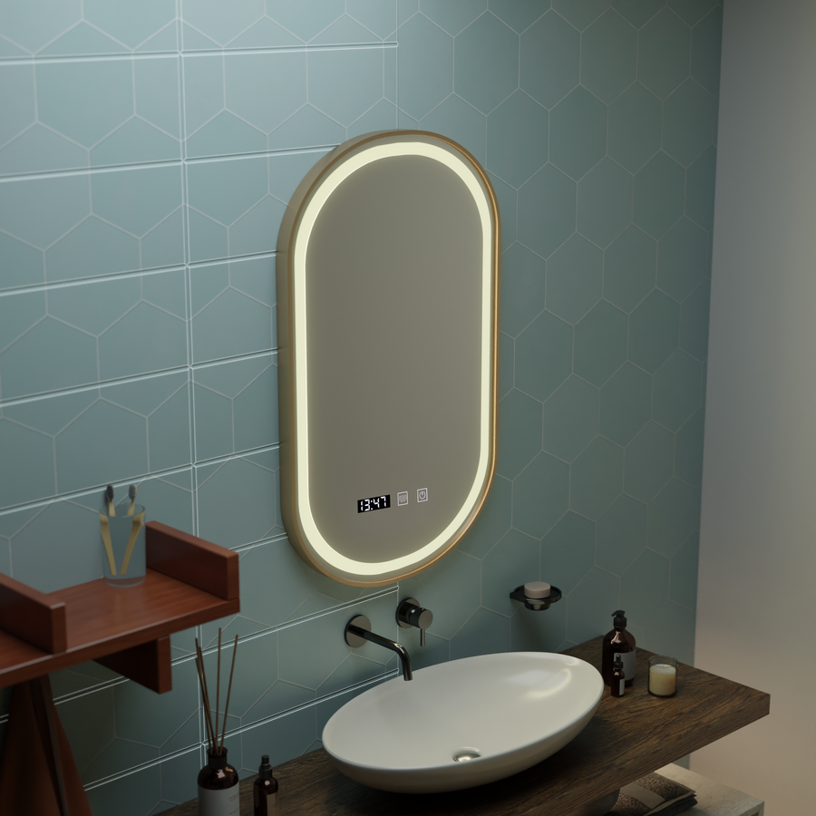 LED Touch Konrad Mirror Defrition Systém, hodiny a teplota 50x80 cm Gold Brushd Rám