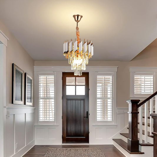 Krištáľový luster VERSAILLES Petito 3xE14, priemer 30 cm, lesklá zlatá a biela, nastaviteľná výška, kov a krištáľ