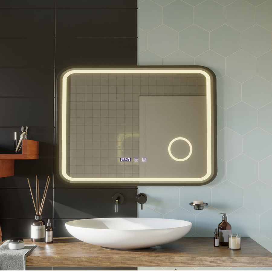 Zrkadlo LED Touch Bernd Defrosting Systém, hodiny a teplota 80x60 cm Black Brush Fund Cosmetica