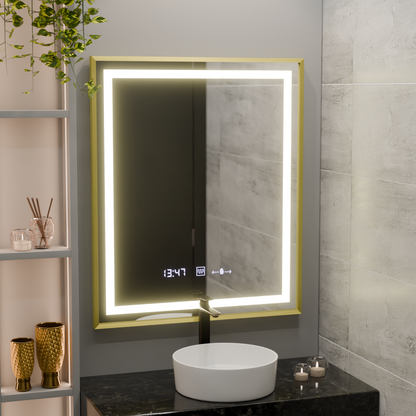 Zrkadlo LED obdĺžnik 75x90cm Verite Royale Gold Motionglow Marcello Smoteble Clock Defosting System
