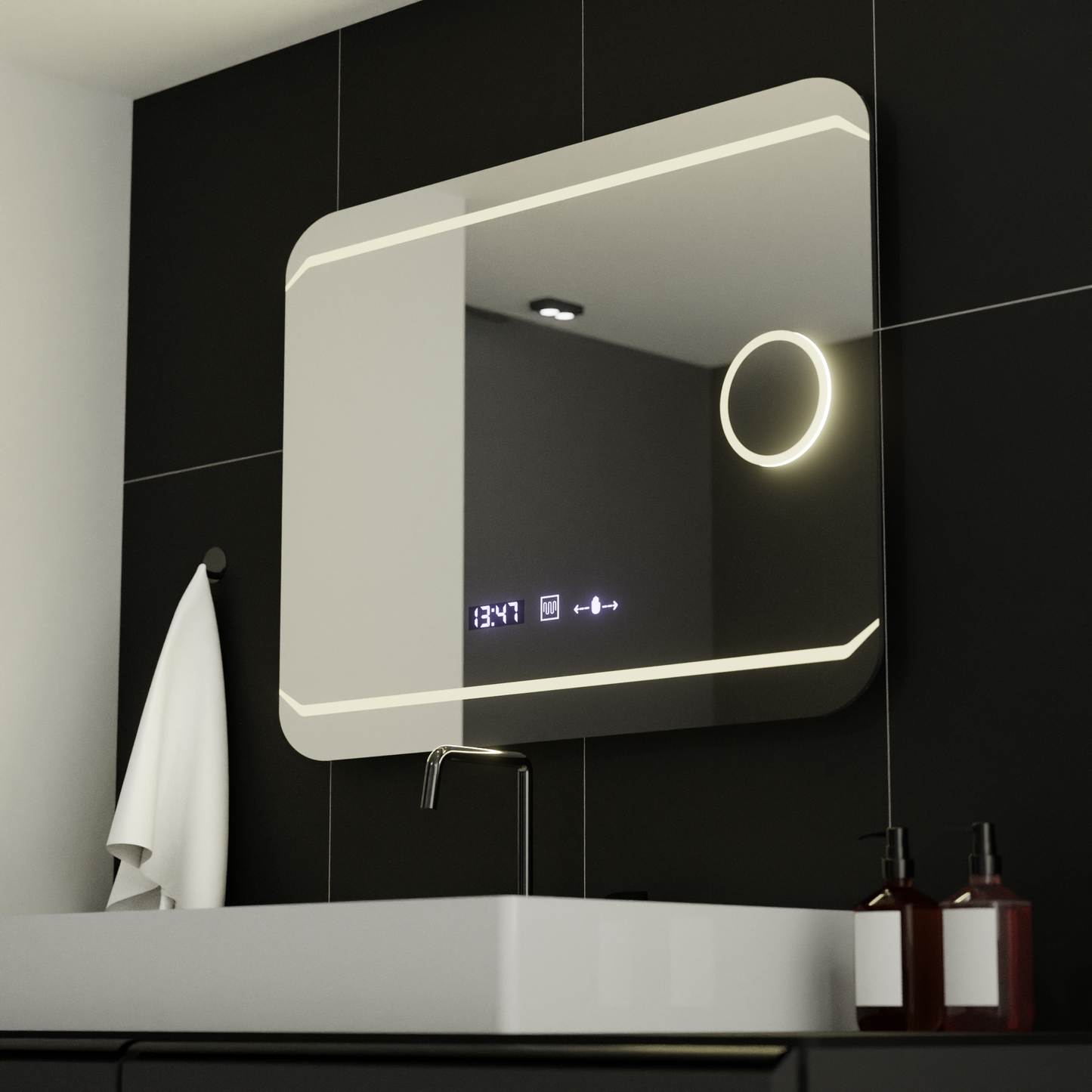 Obdĺžnikové LED zrkadlo 80x60cm Stile Motionglow Marcello rušivé systém a teplomer kozmetiky